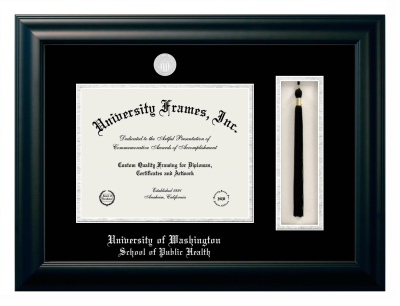 University of Washington School of Public Health Diploma with Tassel Box Frame in Satin Black with Black & Silver Mats for document: 8 1/2"h x 11"w  