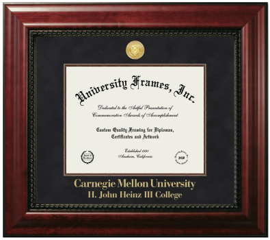 Carnegie Mellon University H. John Heinz III College Diploma Frame in Executive with Mahogany Fillet with Black Suede Mat for document: 8 1/2"h x 11"w  