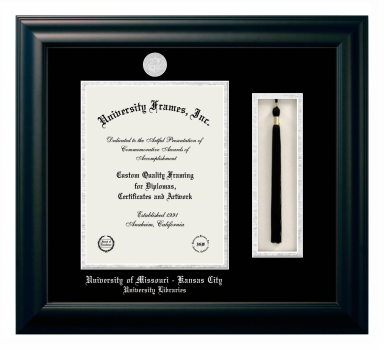 University of Missouri - Kansas City University Libraries Diploma with Tassel Box Frame in Satin Black with Black & Silver Mats for document: 11"h x 8 1/2"w  