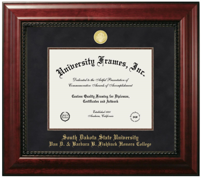South Dakota State University Van D. & Barbara B. Fishback Honors College Diploma Frame in Executive with Mahogany Fillet with Black Suede Mat for document: 8 1/2"h x 11"w  