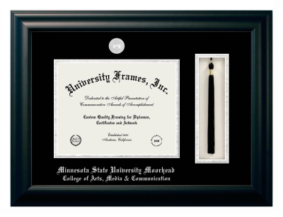 Minnesota State University Moorhead College of Arts, Media & Communication Diploma with Tassel Box Frame in Satin Black with Black & Silver Mats for document: 8 1/2"h x 11"w  