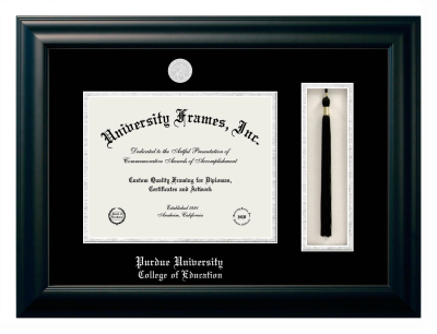 Purdue University College of Education Diploma with Tassel Box Frame in Satin Black with Black & Silver Mats for document: 8 1/2"h x 11"w  