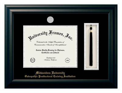 Midwestern University Osteopathic Postdoctoral Training Institution (Glendale, AZ) Diploma with Tassel Box Frame in Satin Black with Black & Silver Mats for document: 8 1/2"h x 11"w  