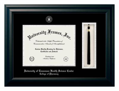 University of Tennessee Health Science Center College of Pharmacy Diploma with Tassel Box Frame in Satin Black with Black & Silver Mats for document: 8 1/2"h x 11"w  