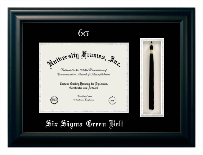Six Sigma Green Belt Diploma with Tassel Box Frame in Satin Black with Black & Silver Mats for document: 8 1/2"h x 11"w  