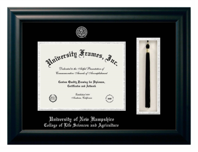 University of New Hampshire College of Life Sciences and Agriculture Diploma with Tassel Box Frame in Satin Black with Black & Silver Mats for document: 8 1/2"h x 11"w  
