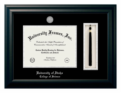 University of Idaho College of Science Diploma with Tassel Box Frame in Satin Black with Black & Silver Mats for document: 8 1/2"h x 11"w  