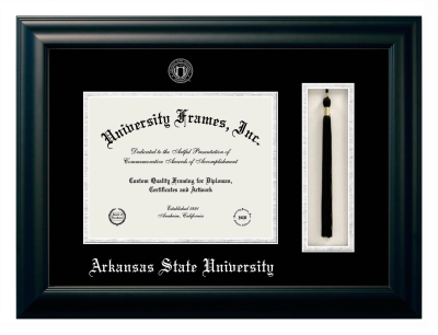 Arkansas State University Diploma with Tassel Box Frame in Satin Black with Black & Silver Mats for document: 8 1/2"h x 11"w  