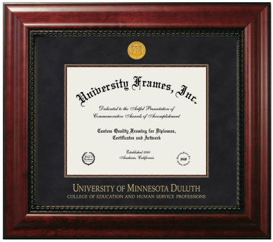 University of Minnesota Duluth College of Education and Human Service Professions Diploma Frame in Executive with Mahogany Fillet with Black Suede Mat for document: 8 1/2"h x 11"w  
