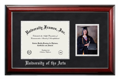 University of the Arts Diploma with 5 x 7 Portrait Frame in Classic Mahogany with Silver Trim with Black Suede & Silver Mats for document: 8 1/2"h x 11"w  