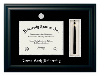 Texas Tech University Diploma with Tassel Box Frame in Satin Black with Black & Silver Mats for document: 8 1/2"h x 11"w  