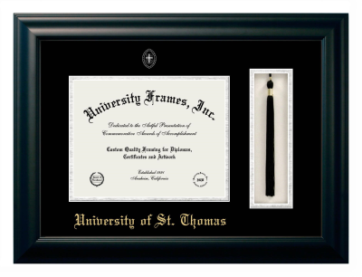 University of St. Thomas (Texas) Diploma with Tassel Box Frame in Satin Black with Black & Silver Mats for document: 8 1/2"h x 11"w  