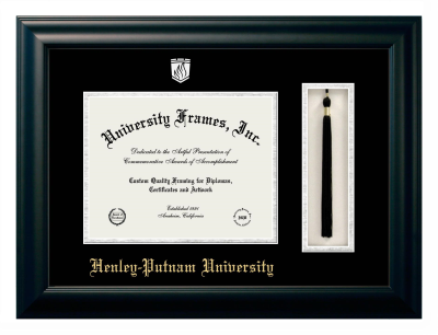 Henley-Putnam University Diploma with Tassel Box Frame in Satin Black with Black & Silver Mats for document: 8 1/2"h x 11"w  