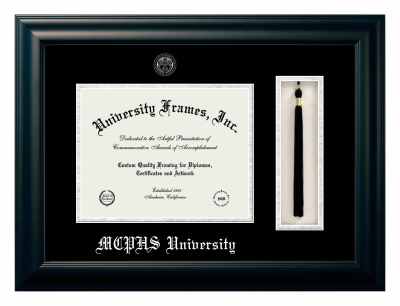 MCPHS (Massachusetts College of Pharmacy and Health Sciences) University Diploma with Tassel Box Frame in Satin Black with Black & Silver Mats for document: 8 1/2"h x 11"w  