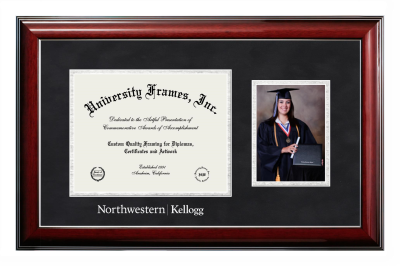 Kellogg School of Management (Northwestern University) Diploma with 5 x 7 Portrait Frame in Classic Mahogany with Silver Trim with Black Suede & Silver Mats for document: 8 1/2"h x 11"w  