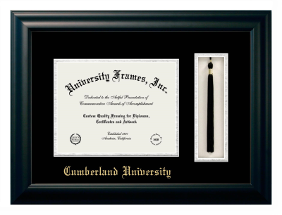 Cumberland University Diploma with Tassel Box Frame in Satin Black with Black & Silver Mats for document: 8 1/2"h x 11"w  