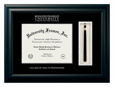 Rosalind Franklin University of Medicine and Science College of Health Professions Diploma with Tassel Box Frame in Satin Black with Black & Silver Mats for document: 8 1/2"h x 11"w  