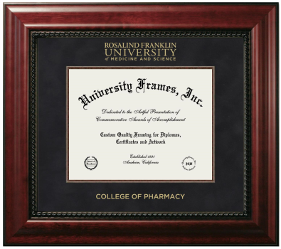 Rosalind Franklin University of Medicine and Science College of Pharmacy Diploma Frame in Executive with Mahogany Fillet with Black Suede Mat for document: 8 1/2"h x 11"w  