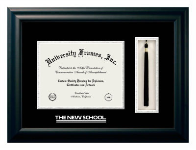 The New School Diploma with Tassel Box Frame in Satin Black with Black & Silver Mats for document: 8 1/2"h x 11"w  