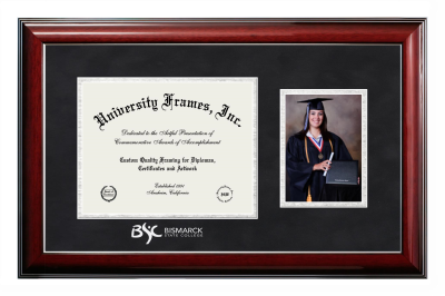 Bismarck State College Diploma with 5 x 7 Portrait Frame in Classic Mahogany with Silver Trim with Black Suede & Silver Mats for document: 8 1/2"h x 11"w  
