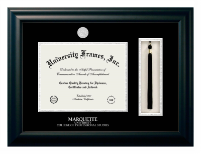 Marquette University College of Professional Studies Diploma with Tassel Box Frame in Satin Black with Black & Silver Mats for document: 8 1/2"h x 11"w  