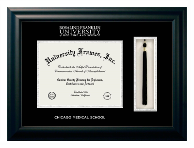 Rosalind Franklin University of Medicine and Science Chicago Medical School Diploma with Tassel Box Frame in Satin Black with Black & Silver Mats for document: 8 1/2"h x 11"w  