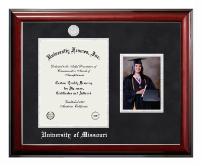 University of Missouri Diploma with 5 x 7 Portrait Frame in Classic Mahogany with Silver Trim with Black Suede & Silver Mats for  11"h x 8 1/2"w  