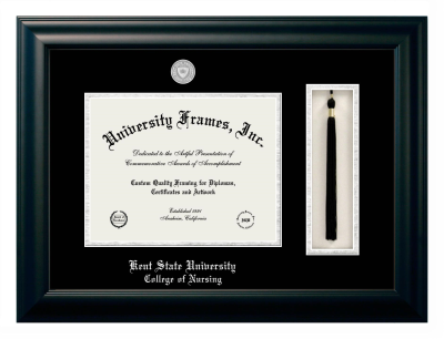 Kent State University College of Nursing Diploma with Tassel Box Frame in Satin Black with Black & Silver Mats for document: 8 1/2"h x 11"w  