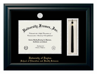University of Dayton School of Education and Health Sciences Diploma with Tassel Box Frame in Satin Black with Black & Silver Mats for document: 8 1/2"h x 11"w  