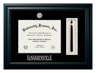 Southern Illinois University Edwardsville Diploma with Tassel Box Frame in Satin Black with Black & Silver Mats for document: 8 1/2"h x 11"w  