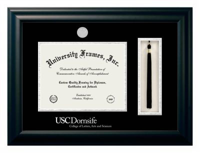 University of Southern California Dornsife College of Letters, Arts, and Sciences Diploma with Tassel Box Frame in Satin Black with Black & Silver Mats for document: 8 1/2"h x 11"w  