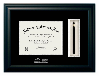 University of Texas Health Science Center at Houston MD Anderson Cancer Center Graduate School of Biomedical Sciences Diploma with Tassel Box Frame in Satin Black with Black & Silver Mats for document: 8 1/2"h x 11"w  
