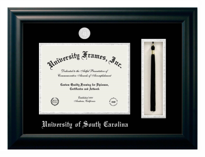 University of South Carolina Diploma with Tassel Box Frame in Satin Black with Black & Silver Mats for document: 8 1/2"h x 11"w  