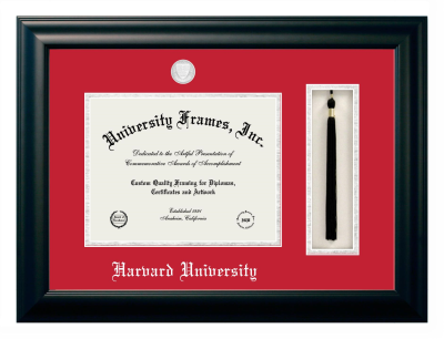 Harvard University Diploma with Tassel Box Frame in Satin Black with Red & Silver Mats for document: 8 1/2"h x 11"w  