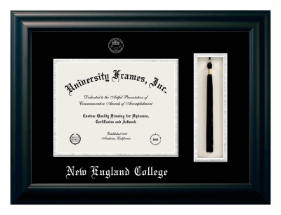 New England College Diploma with Tassel Box Frame in Satin Black with Black & Silver Mats for document: 8 1/2"h x 11"w  