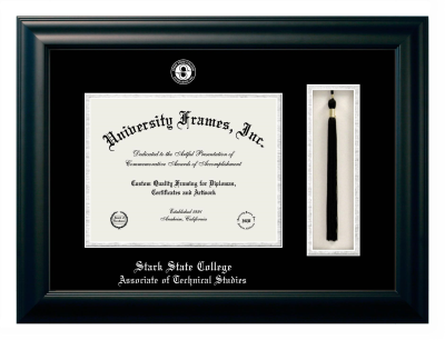 Stark State College Associate of Technical Studies Diploma with Tassel Box Frame in Satin Black with Black & Silver Mats for document: 8 1/2"h x 11"w  