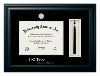 University of Southern California Sol Price School of Public Policy Diploma with Tassel Box Frame in Satin Black with Black & Silver Mats for document: 8 1/2"h x 11"w  