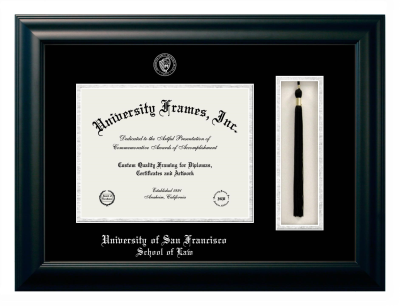 University of San Francisco School of Law Diploma with Tassel Box Frame in Satin Black with Black & Silver Mats for document: 8 1/2"h x 11"w  