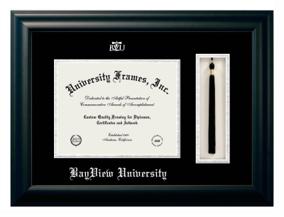 BayView University Diploma with Tassel Box Frame in Satin Black with Black & Silver Mats for document: 8 1/2"h x 11"w  