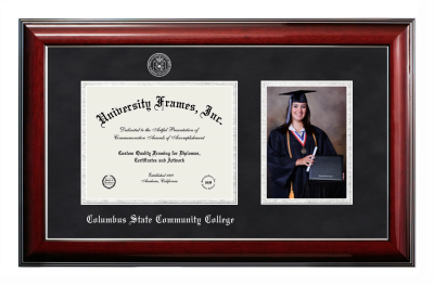 Columbus State Community College Diploma with 5 x 7 Portrait Frame in Classic Mahogany with Silver Trim with Black Suede & Silver Mats for document: 7"h x 9"w  