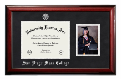 San Diego Mesa College Diploma with 5 x 7 Portrait Frame in Classic Mahogany with Silver Trim with Black Suede & Silver Mats for document: 8 1/2"h x 11"w  