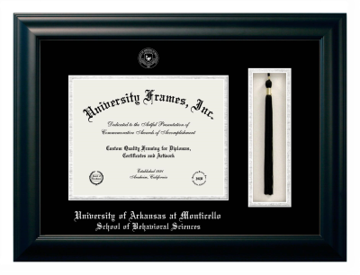 University of Arkansas at Monticello School of Behavioral Sciences Diploma with Tassel Box Frame in Satin Black with Black & Silver Mats for document: 8 1/2"h x 11"w  