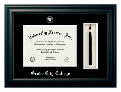 Grove City College Diploma with Tassel Box Frame in Satin Black with Black & Silver Mats for document: 8 1/2"h x 11"w  