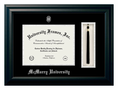 McMurry University Diploma with Tassel Box Frame in Satin Black with Black & Silver Mats for document: 8 1/2"h x 11"w  