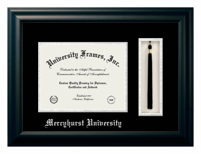 Mercyhurst University Diploma with Tassel Box Frame in Satin Black with Black & Silver Mats for document: 8 1/2"h x 11"w  