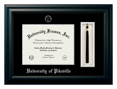 University of Pikeville Diploma with Tassel Box Frame in Satin Black with Black & Silver Mats for document: 8 1/2"h x 11"w  