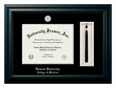 Howard University College of Medicine Diploma with Tassel Box Frame in Satin Black with Black & Silver Mats for document: 8 1/2"h x 11"w  