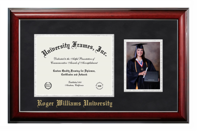 Roger Williams University Diploma with 5 x 7 Portrait Frame in Classic Mahogany with Silver Trim with Black Suede & Silver Mats for document: 8 1/2"h x 11"w  