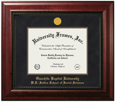 Ouachita Baptist University W.H. Sutton School of Social Sciences Diploma Frame in Executive with Mahogany Fillet with Black Suede Mat for document: 8 1/2"h x 11"w  
