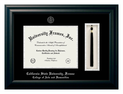 California State University, Fresno College of Arts and Humanities Diploma with Tassel Box Frame in Satin Black with Black & Silver Mats for document: 8 1/2"h x 11"w  